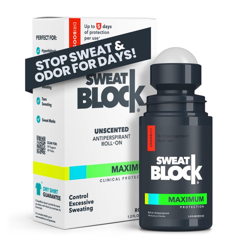 SweatBlock Maximum Strength Roll-On Antiperspirant for Men and Women 1.2 FL OZ Hyperhidrosis and Odor Control Formula Blocks Excessive Sweat for Days Per Application Dermatologist Recommended Solution - Image 1