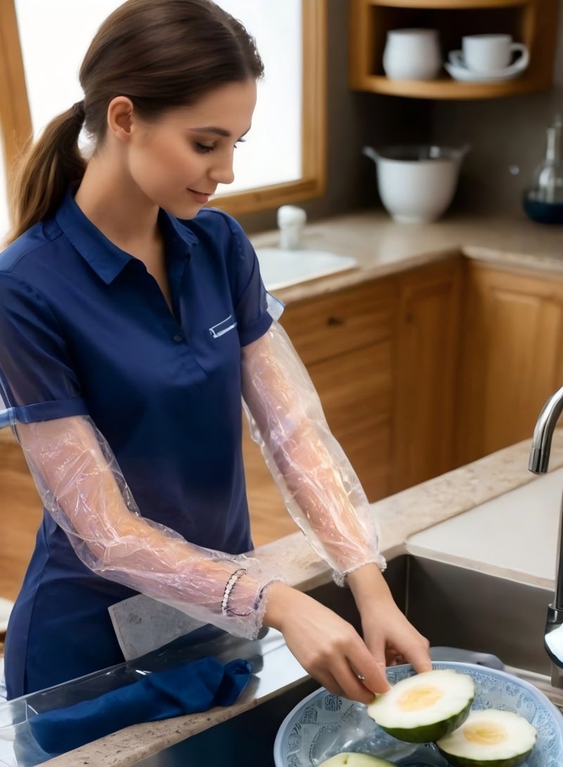 YelaJoy Disposable Plastic PE Arm Covers - 100 Pack Waterproof Sleeves for Kitchen, Hotel, Home Cleaning - Adult Long Sleeve Protection - Clear - Image 3