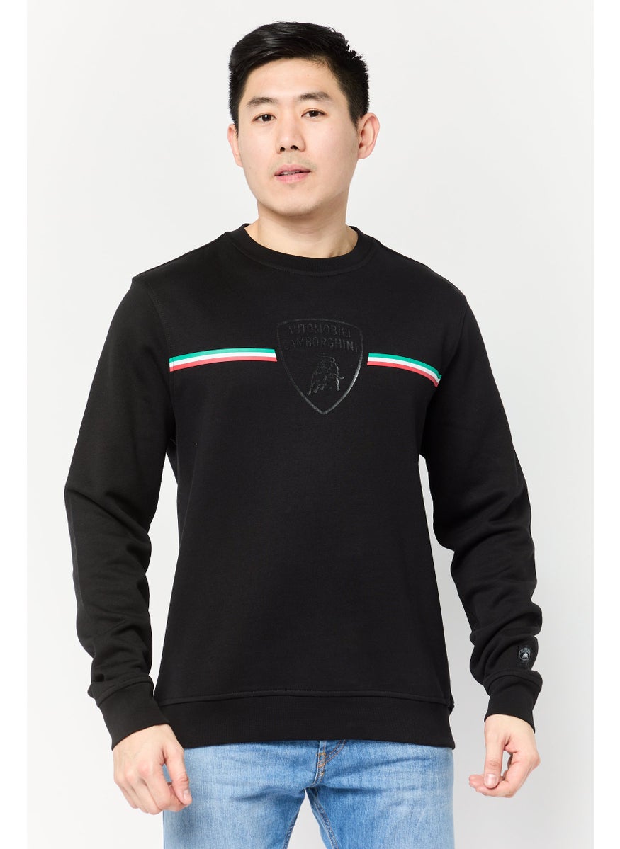 LAMBORGHINI Men Crew Neck Brand Logo Long Sleeves Sweatshirt, Black  - Image 1