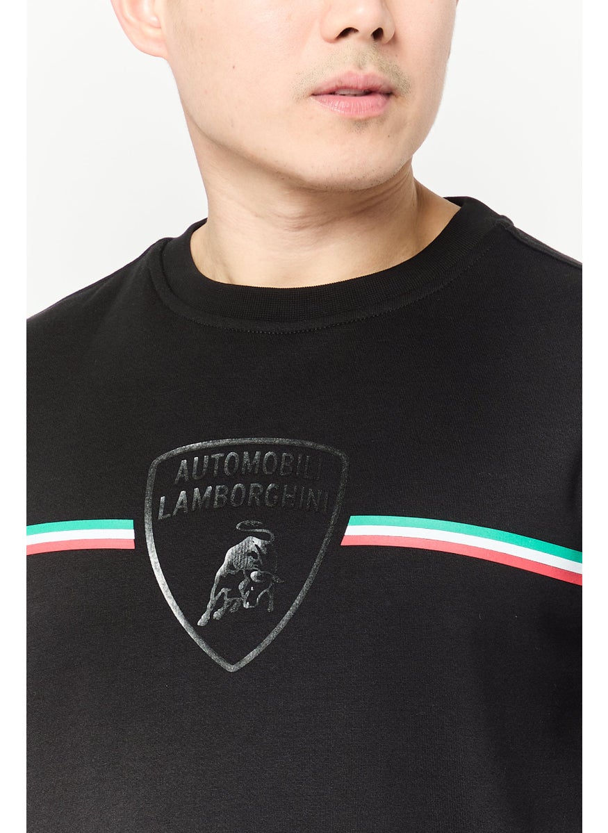LAMBORGHINI Men Crew Neck Brand Logo Long Sleeves Sweatshirt, Black  - Image 3