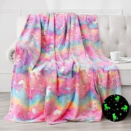TEMSON Blankets for Kids – Glow in The Dark Blanket, Unicorn Print, Light Weight Soft Cozy All Weather Blankets for Toddlers Baby Boys & Girls - Image 1