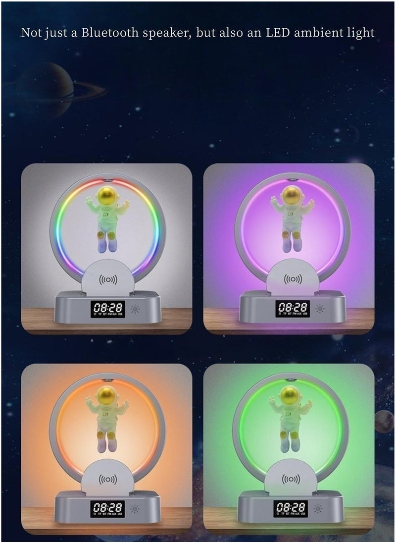 SYOSI - Alarm Clock with Wireless Charging, Astronaut Decorative Bluetooth Speaker, 3 in 1 Dimmable Night Light with Alarm, 15W Fast Wireless Charger, Mood Light with 4 Light Color Modes - Image 1