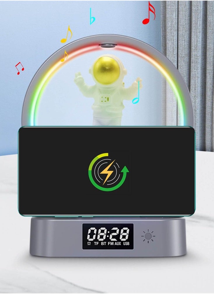 SYOSI - Alarm Clock with Wireless Charging, Astronaut Decorative Bluetooth Speaker, 3 in 1 Dimmable Night Light with Alarm, 15W Fast Wireless Charger, Mood Light with 4 Light Color Modes - Image 1