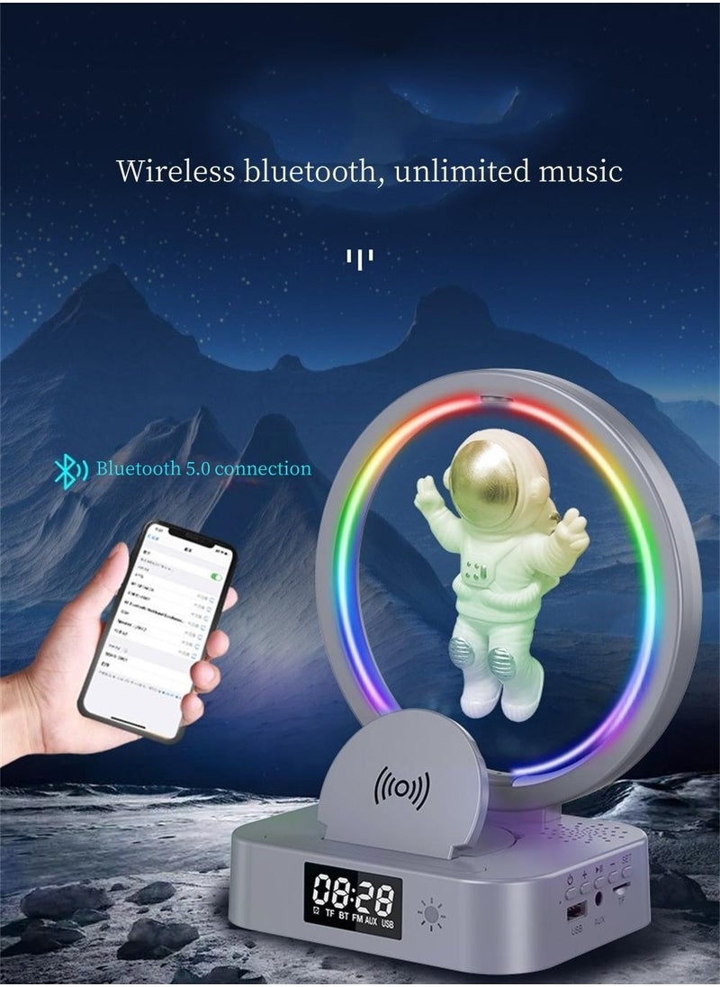 SYOSI - Alarm Clock with Wireless Charging, Astronaut Decorative Bluetooth Speaker, 3 in 1 Dimmable Night Light with Alarm, 15W Fast Wireless Charger, Mood Light with 4 Light Color Modes - Image 1