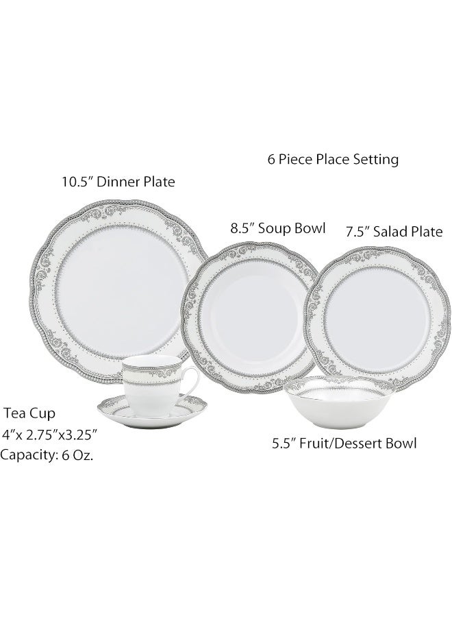 Lorren Home Trends 24 Piece Victoria Design Porcelain Wavy Edge Dinnerware Set White - Image 2