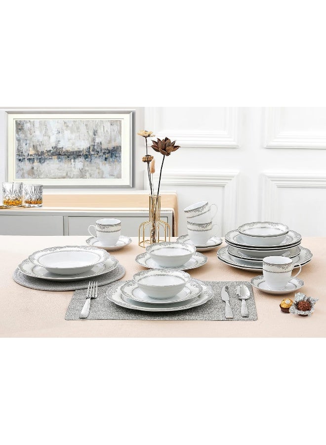Lorren Home Trends 24 Piece Victoria Design Porcelain Wavy Edge Dinnerware Set White - Image 4