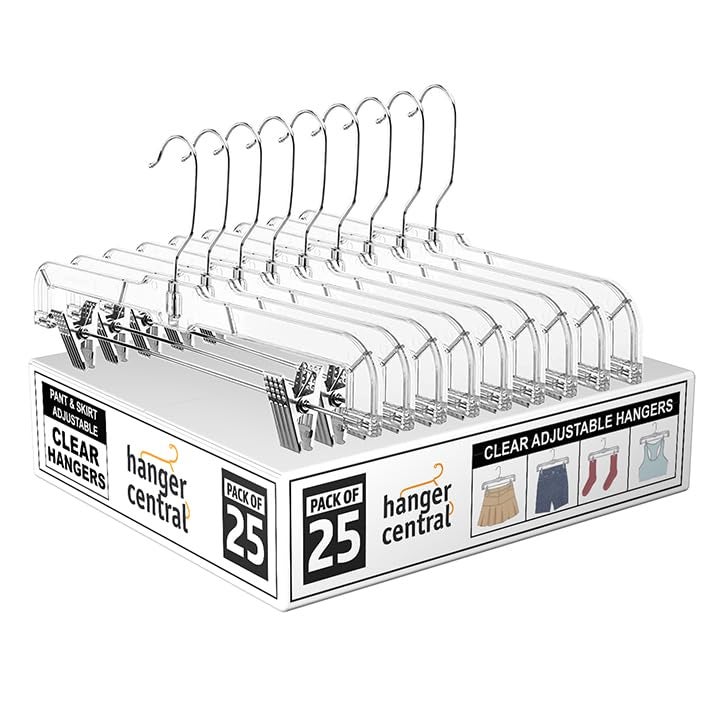Hanger Central Premium 14 Inch Clear Pants Hangers with Adjustable Clips - 25 Pack Space-Saving Skirt Hangers - Non-Slip Heavy Duty Plastic Closet Organizers with 360Â° Swivel Hook - Image 1