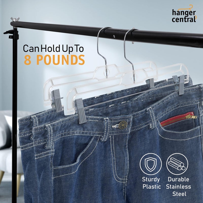 Hanger Central Premium 14 Inch Clear Pants Hangers with Adjustable Clips - 25 Pack Space-Saving Skirt Hangers - Non-Slip Heavy Duty Plastic Closet Organizers with 360Â° Swivel Hook - Image 5