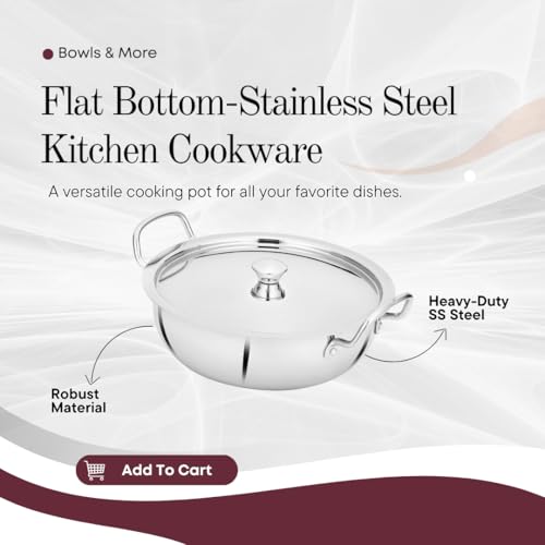 BOWLS  MORE Bowls & More | Flat Bottom Stainless Steel 4 Pcs Cookware Set - 22 cm Wide Kadai (2.0 L) with Lid | 24 cm Kadai (2.5 L) with Lid | Induction/Flame Safe | Matt Finish (Silver) - Image 3