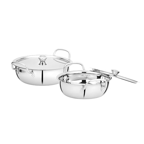 BOWLS  MORE Bowls & More | Flat Bottom Stainless Steel 4 Pcs Cookware Set - 22 cm Wide Kadai (2.0 L) with Lid | 24 cm Kadai (2.5 L) with Lid | Induction/Flame Safe | Matt Finish (Silver) - Image 2