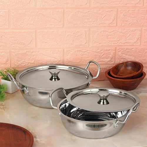 BOWLS  MORE Bowls & More | Flat Bottom Stainless Steel 4 Pcs Cookware Set - 22 cm Wide Kadai (2.0 L) with Lid | 24 cm Kadai (2.5 L) with Lid | Induction/Flame Safe | Matt Finish (Silver) - Image 1