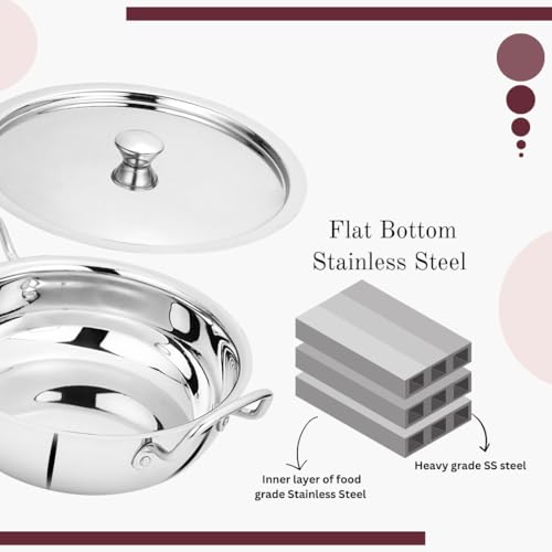 BOWLS  MORE Bowls & More | Flat Bottom Stainless Steel 4 Pcs Cookware Set - 22 cm Wide Kadai (2.0 L) with Lid | 24 cm Kadai (2.5 L) with Lid | Induction/Flame Safe | Matt Finish (Silver) - Image 4