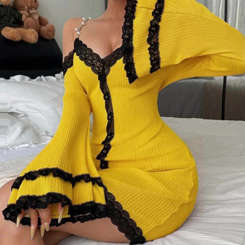 Cross-border European and American Best-selling Lace Pearl Strap Lace Nightgown V-neck Homewear Sexy Backless Flared Sleeve