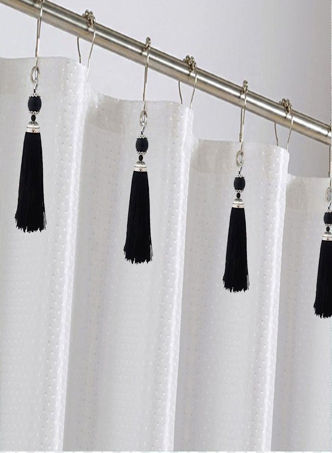 Tassel Shower Curtain Hooks for Boho Bathroom Decor - Rust Proof Curtain Rings - Stainless Steels Metal Shower Hook with Tassel Set of 12 for Decorative Shower Rod Bathroom Hardware (Black) - Image 4