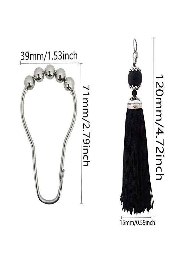 Tassel Shower Curtain Hooks for Boho Bathroom Decor - Rust Proof Curtain Rings - Stainless Steels Metal Shower Hook with Tassel Set of 12 for Decorative Shower Rod Bathroom Hardware (Black) - Image 2