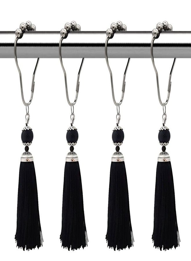 Tassel Shower Curtain Hooks for Boho Bathroom Decor - Rust Proof Curtain Rings - Stainless Steels Metal Shower Hook with Tassel Set of 12 for Decorative Shower Rod Bathroom Hardware (Black) - Image 1