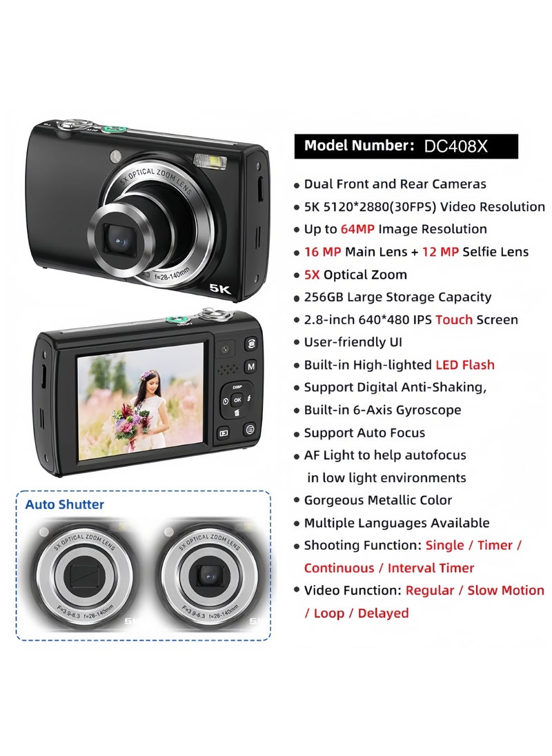 Milatech 5K Digital Camera with Dual - Cameras, 64MP, 5X Optical Zoom, 32G TF Card, Touch Screen  - Image 3