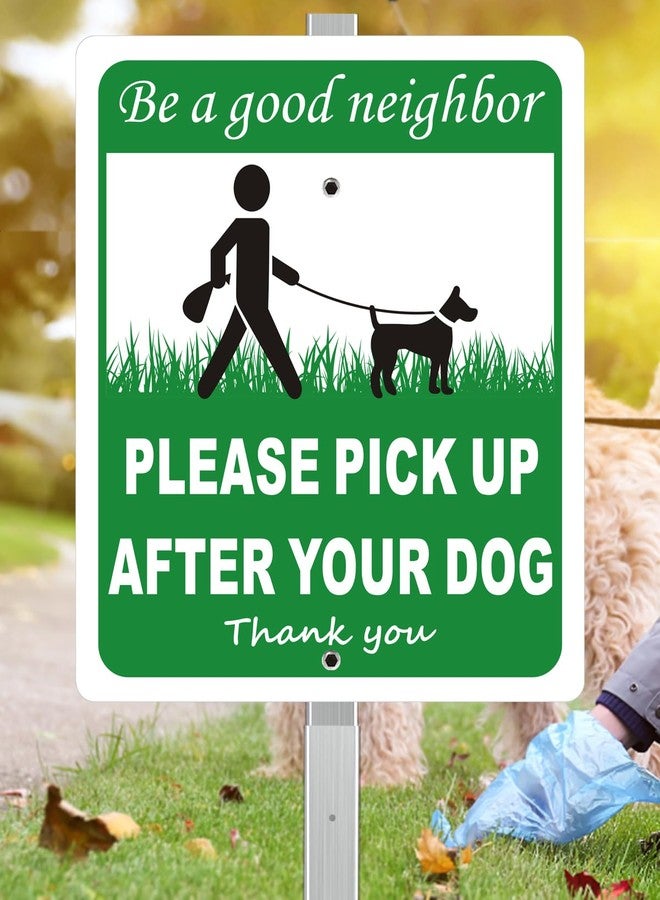 i-CowFun Heavy Duty Aluminum Pick Up After Your Dog Sign, 12" x 10" Metal Please Clean Up After Your Dog Signs With 28" Stake, Be A Good Neighbor Pick Up Your Dogs Poop Yard Sign, Polite, Weather Resistant - Image 1