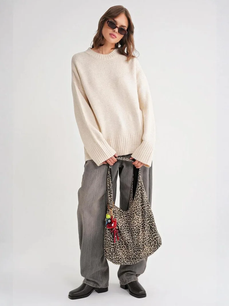 MixRay Mixray Oversized Ribbed Knit Sweater with Crew Neck