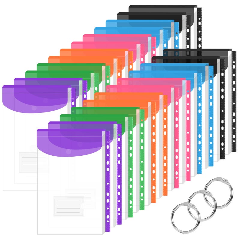 Surcotto 24 Pack Binder Folders with Pockets 11 Holes Expandable Dividers for 2/3/4 Ring Document Pouch with Snap Button & Label Loose-Leaf Transparent Binder Organizer for School Home Office(Vertical-Opening) - Image 1