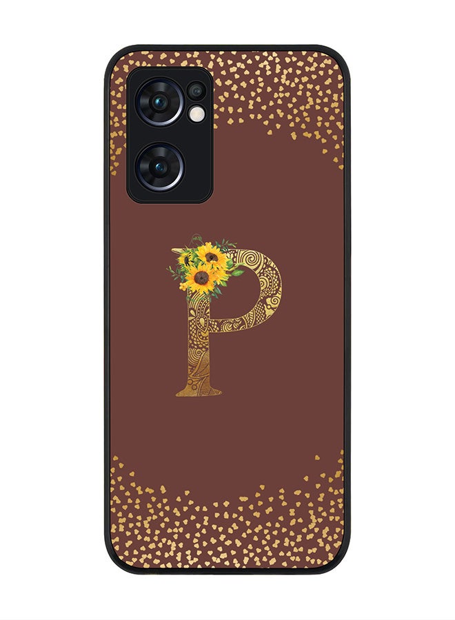 Stylizedd Rugged Black edge case for Oppo Find X5 Lite, Slim fit Cover - Custom Monogram Initial Letter Floral Pattern Alphabet - P (Brown ) - Image 1