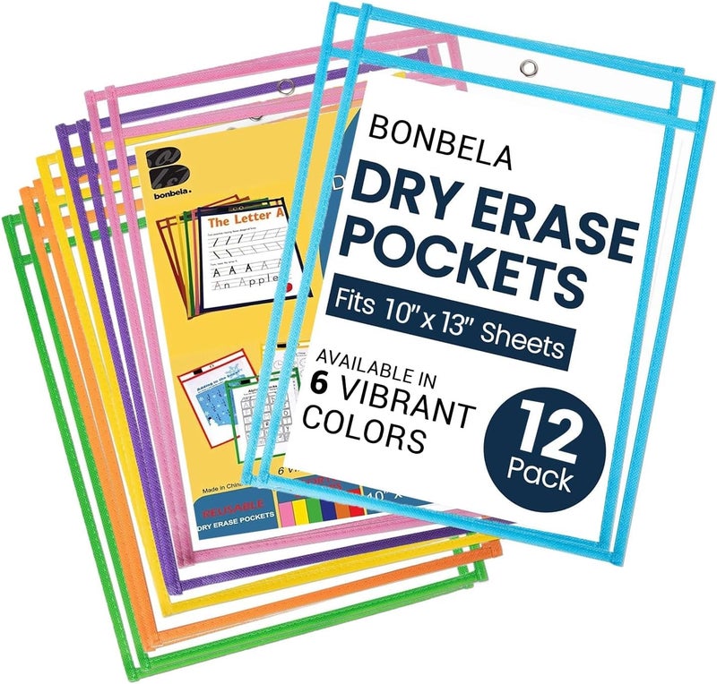 BONBELA Dry Erase Pockets 12 Pack - 10 x 13 Reusable Dry Erase Pocket Sleeves for Work & School Worksheets - Heavy Duty Clear Pocket Sleeves - Quickly Wipe to a Flawless Clean (Multicolor) - Image 1