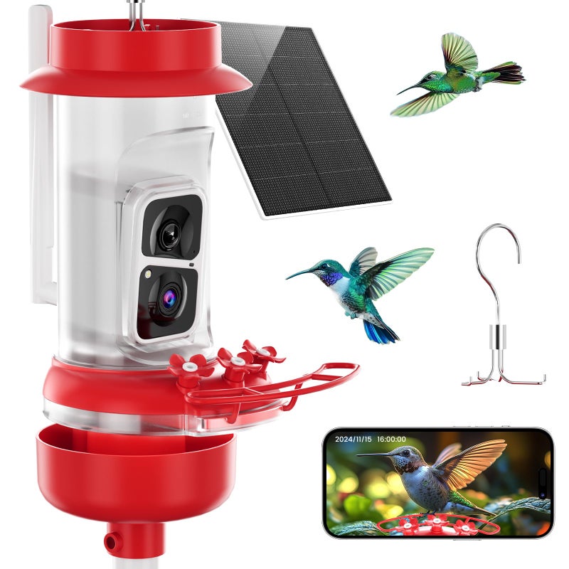 SoliomThe Original Hummingbird Feeder Camera with Ant Moat Bee Proof AI Identify Bird Species W 3W Solar Panel Bird Watching Camera W 3 Feeding Ports Gifts Ideas for Family16 OZ