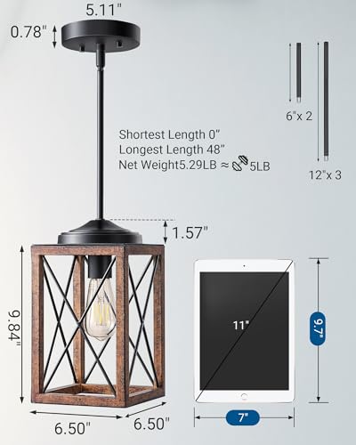 DEWENWILS Farmhouse Pendant Light, Metal Hanging Light Fixture with Wooden Grain Finish, 48 Inch Adjustable Pipes for Flat and Slop Ceiling, Kitchen Island, Bedroom, Dining Hall, E26 Base - Image 2