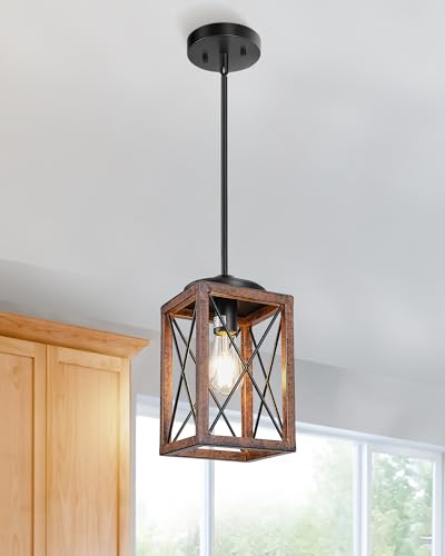 DEWENWILS Farmhouse Pendant Light, Metal Hanging Light Fixture with Wooden Grain Finish, 48 Inch Adjustable Pipes for Flat and Slop Ceiling, Kitchen Island, Bedroom, Dining Hall, E26 Base - Image 1