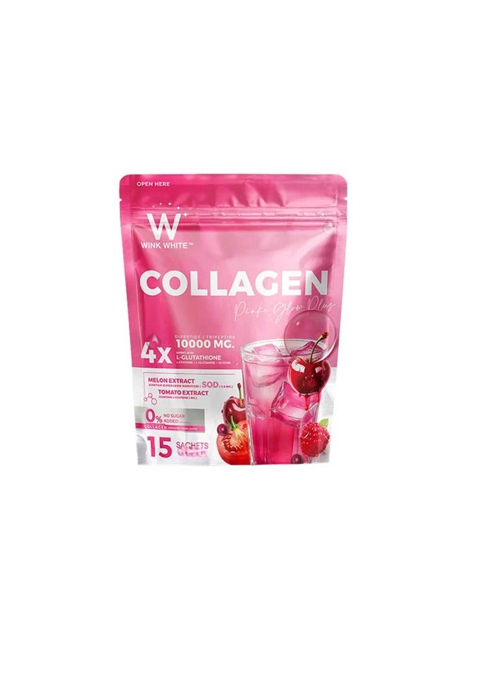وينك وايت كولاجين وينك وايت بينك جلو - إل-جلوتاثيون + 10,000 ملغ مسحوق كولاجين لبشرة مشرقة، مستخلص البطيخ والطماطم - 15 كيسًا، بدون سكر