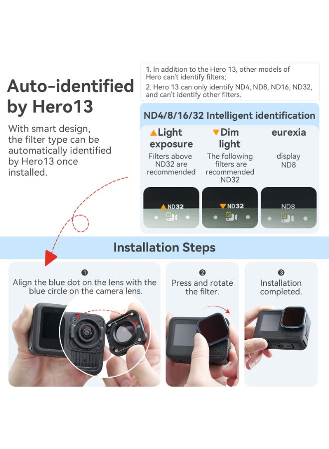 aMagisn مجموعة فلاتر ND مقاومة للماء ND4/8/16/32 متوافقة مع GoPro Hero 13/12/11/10/9 – إطار من الألمنيوم، مضاد للضباب ومقاوم للخدش – ملحق لتصوير كاميرات الأكشن - Image 4