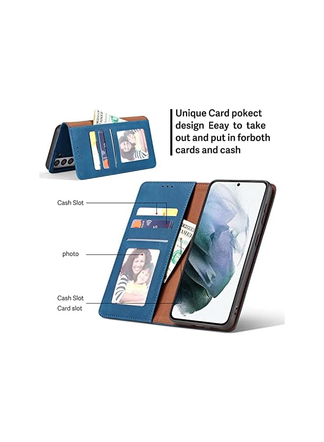 YoYoTech Luxury Genuine Leather Wallet Card Holder Case Cover, Magnetic Closure Kickstand Case for Samsung Galaxy S21 FE 6.40’ 2022 -Blue - Image 2