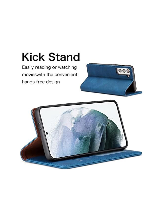 YoYoTech Luxury Genuine Leather Wallet Card Holder Case Cover, Magnetic Closure Kickstand Case for Samsung Galaxy S21 FE 6.40’ 2022 -Blue - Image 4