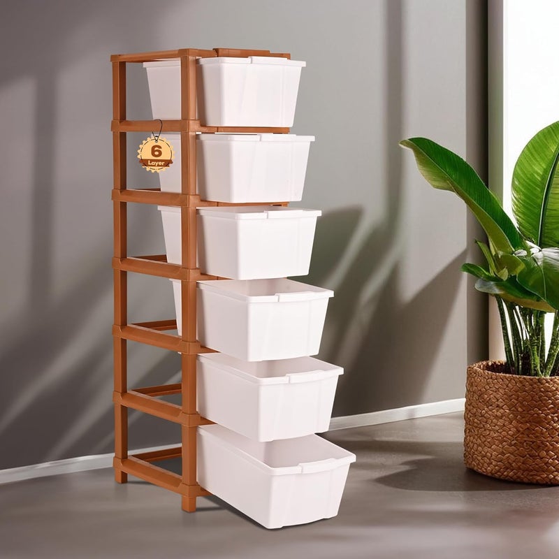 Criusia 6Tier Collapsible Multipurpose Plastic Drawers Storage Organizer Durable CabinetsStorage Rack for Kitchen Kids Toy Box Shelf for HomeOffice Brown White - Image 1