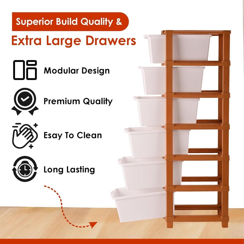 Criusia 6Tier Collapsible Multipurpose Plastic Drawers Storage Organizer Durable CabinetsStorage Rack for Kitchen Kids Toy Box Shelf for HomeOffice Brown White - Image 4
