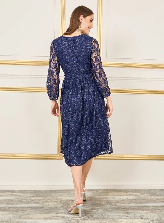 Styli All Over Lace Self Tie Up A-Line Midi Dress