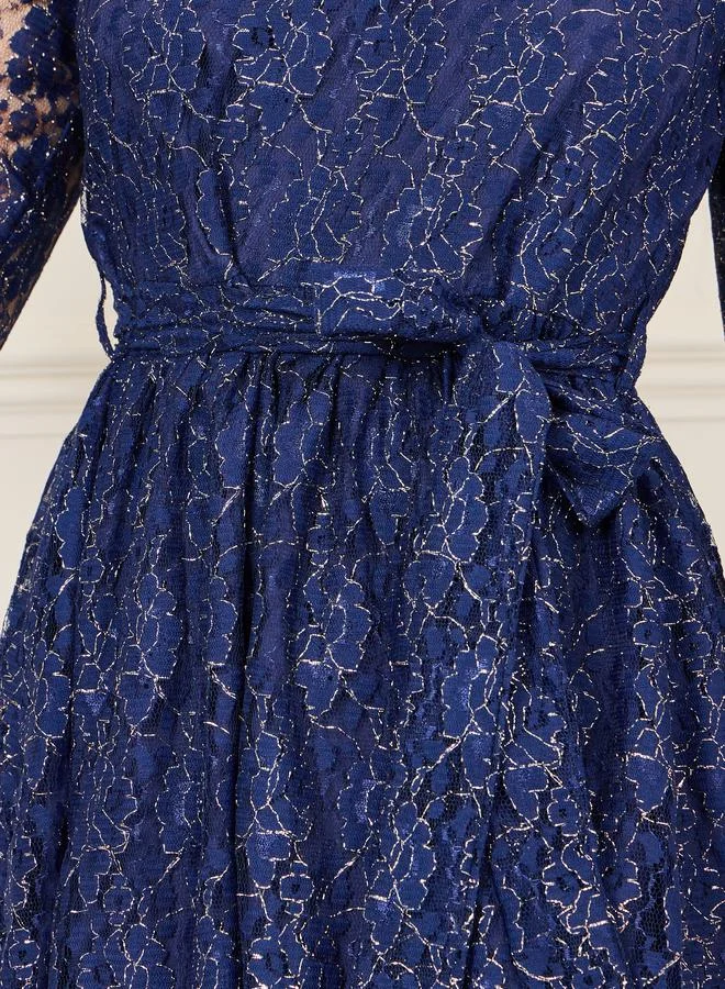 Styli All Over Lace Self Tie Up A-Line Midi Dress