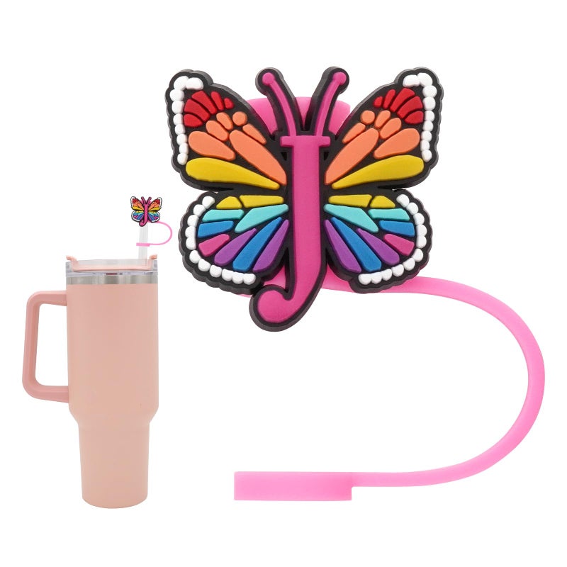 FadAcc Silicone Straw Cover for Stanley Cup Initial Letter Straw Cover Beautiful Butterfly Style Compatible with Stanley 4030 Oz Tumbler