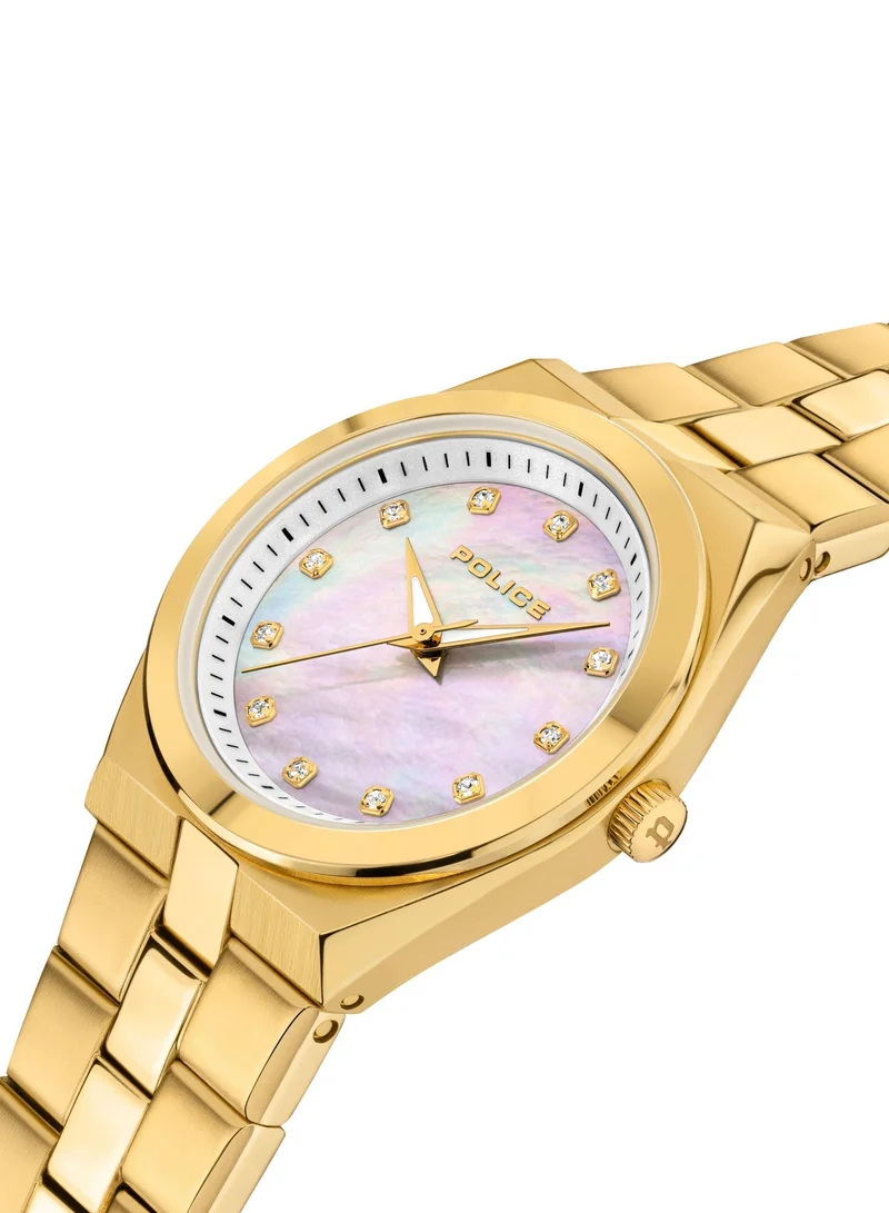 بوليس ساعة نسائية بوليس فاشن بقرص من عرق اللؤلؤ الأبيض وسوار من الستانلس ستيل المطلي بالذهب الأصفر