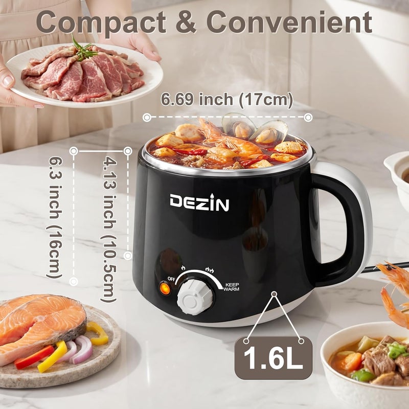 DEZIN Hot Pot Electric, Rapid Noodles Cooker, Stainless Steel Electric Pot 1.6 Liter, Perfect for Ramen, Egg, Pasta, Dumpling, Soup, Porridge, Oatmeal with Temperature Control and Keep Warm Function - Image 3