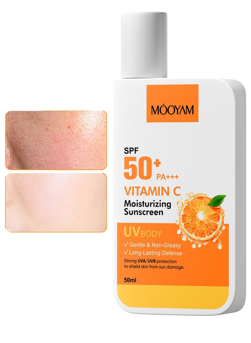 MOOYAM SPF 50 Vitamin C Moisturizing Sunscreen 50ml Gentle Non Greasy Formula with Strong UVA UVB Protection for Face All Skin Types - Image 1