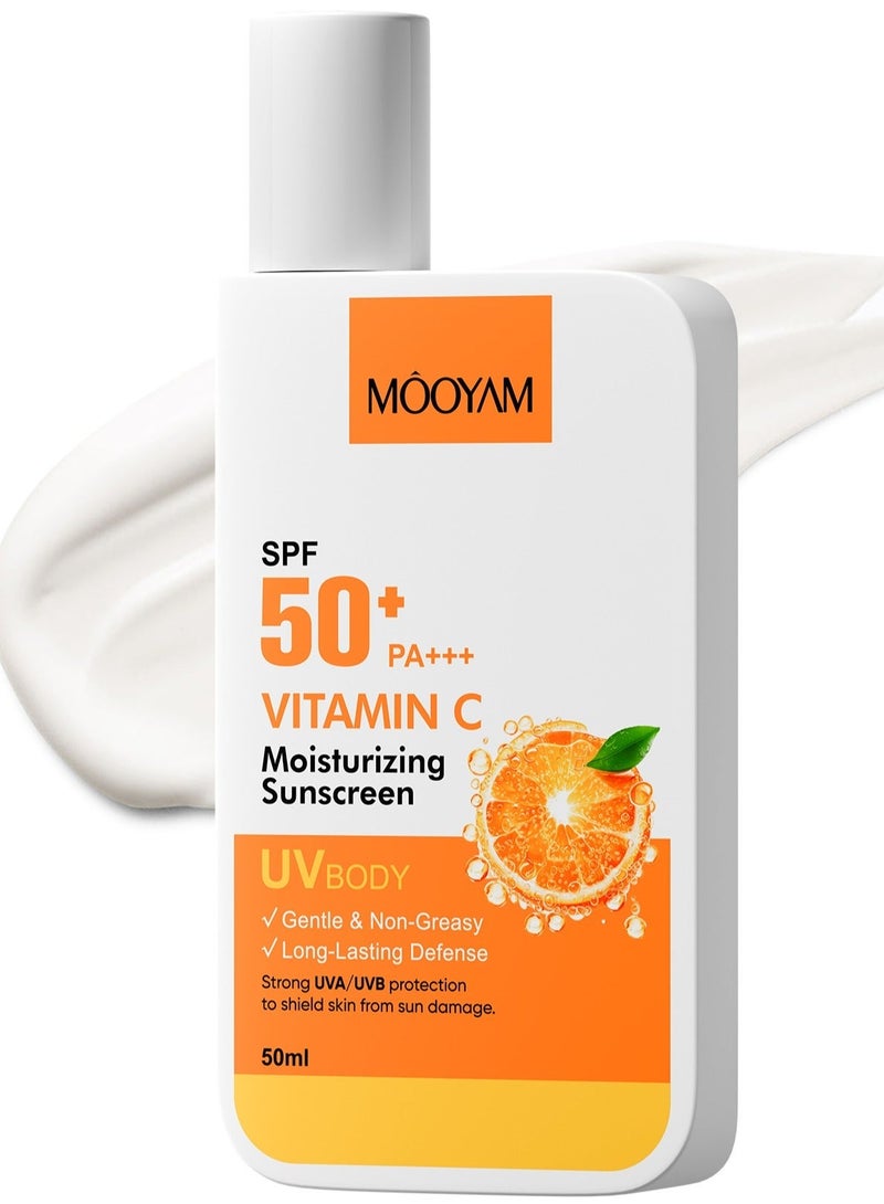 MOOYAM Vitamin C Moisturizing Sunscreen SPF 50 for Face 50ml, Gentle Non Greasy, Broad Spectrum UVA UVB Protection, for Men Women All Skin Types - Image 1