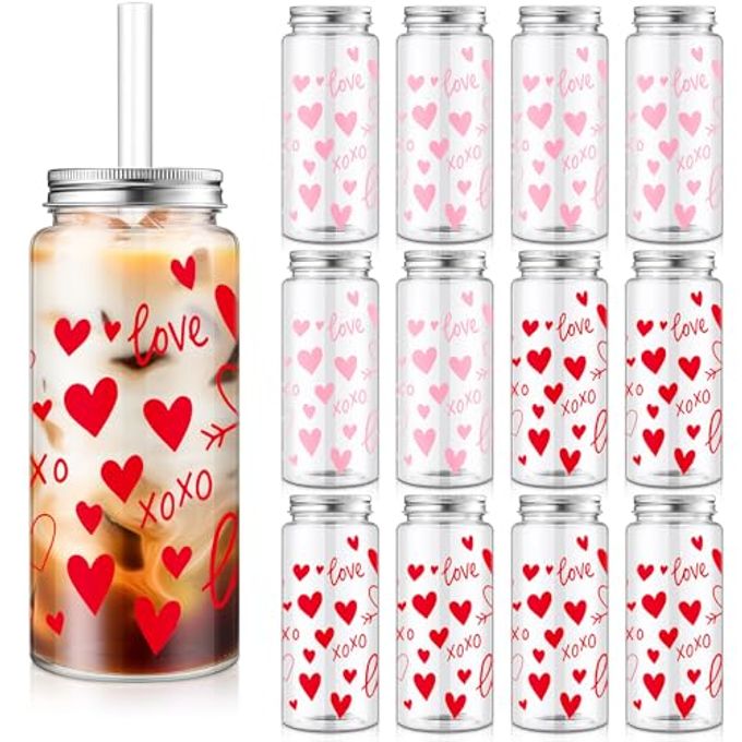 Vesici 12 Pack Valentine's Day Party Cups with Lid and Straw 13.5 oz Clear Reusable Plastic Tumblers Bulk Red Pink Heart Printed Design Cold Drink for Valentine's Day Party Birthday Supplies