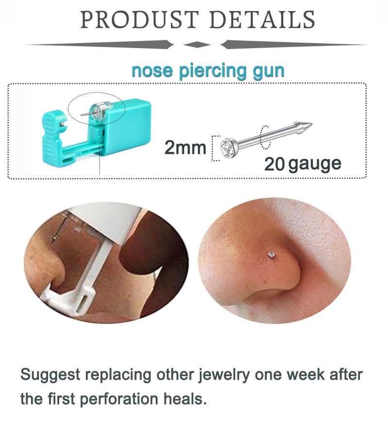 QWALIT 18g Nose Piercing Kit Silver Nostril Ring Piercing Gun Self Horseshoe Nose Ring Double Gem Hoops Double Studs Disposable Nostril Piercings Gun Kits at Home Piercer Changing Threader Screw Ball - Image 3