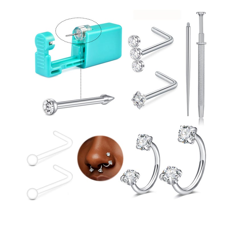 QWALIT 18g Nose Piercing Kit Silver Nostril Ring Piercing Gun Self Horseshoe Nose Ring Double Gem Hoops Double Studs Disposable Nostril Piercings Gun Kits at Home Piercer Changing Threader Screw Ball - Image 1