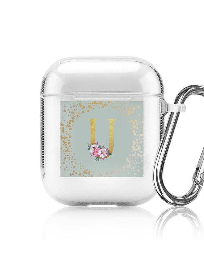 Stylizedd Classic Clear printed Case for Apple Airpods 2 / 1 Soft TPU Gel Thin Transparent Flexible Cover - Custom Monogram Initial Letter Floral Pattern Alphabet - U ( Light Green ) - Image 1