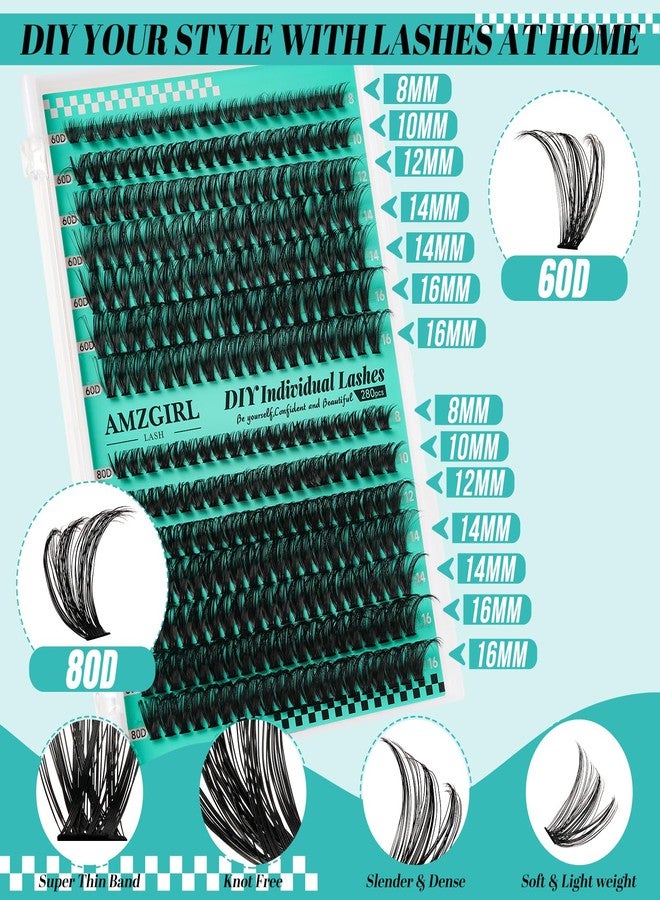AMZGIRL LASH Lash Clusters Kit 280Pcs,60D 80D Eyelash Extension Kit,Lash Bond and Seal Waterproof,Lash Remover for Individual Cluster Lashes Kit,Lash Applicator Tool for DIY Lash Extension Kit(D-Mix9-16mm Kit) - Image 3
