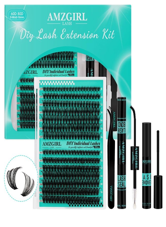 AMZGIRL LASH Lash Clusters Kit 280Pcs,60D 80D Eyelash Extension Kit,Lash Bond and Seal Waterproof,Lash Remover for Individual Cluster Lashes Kit,Lash Applicator Tool for DIY Lash Extension Kit(D-Mix9-16mm Kit) - Image 1