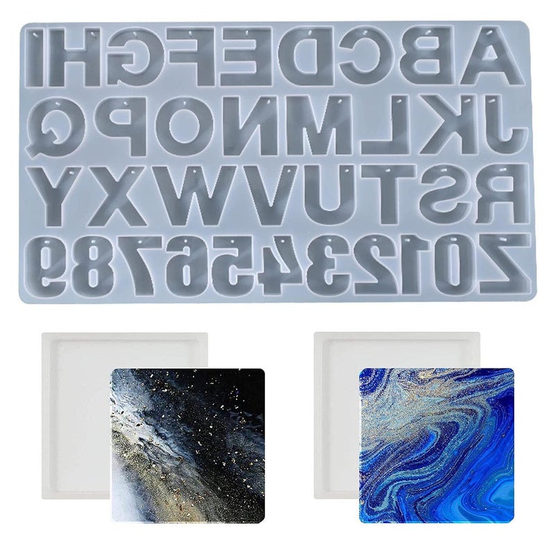 Snoogg SNOOGG Alphabet Resin Casting Mold, Letter and Numbers DIY Key Chain, Pendant, Jewelry Making Molds for Resin. with Built in Hole Enabler with 2 Square Coaster  - Image 1