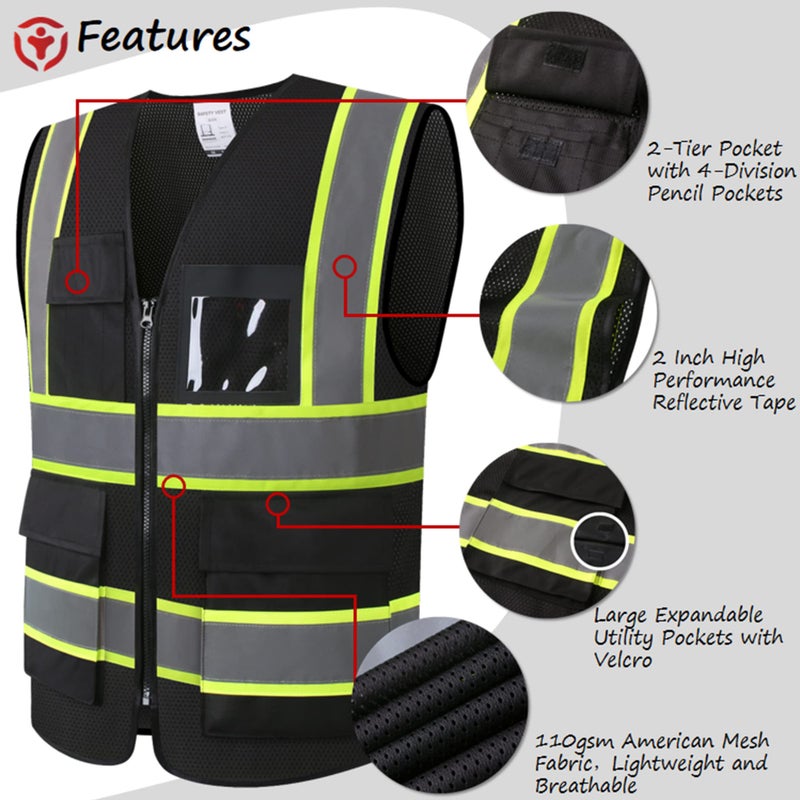ASIPHITU Reflective High Visibility Safety Vest for Men Women Security with Pockets Zipper Front for Work Vest with Reflective Strips Meets ANSI/ISEA Standards(H-Black-L) - Image 3